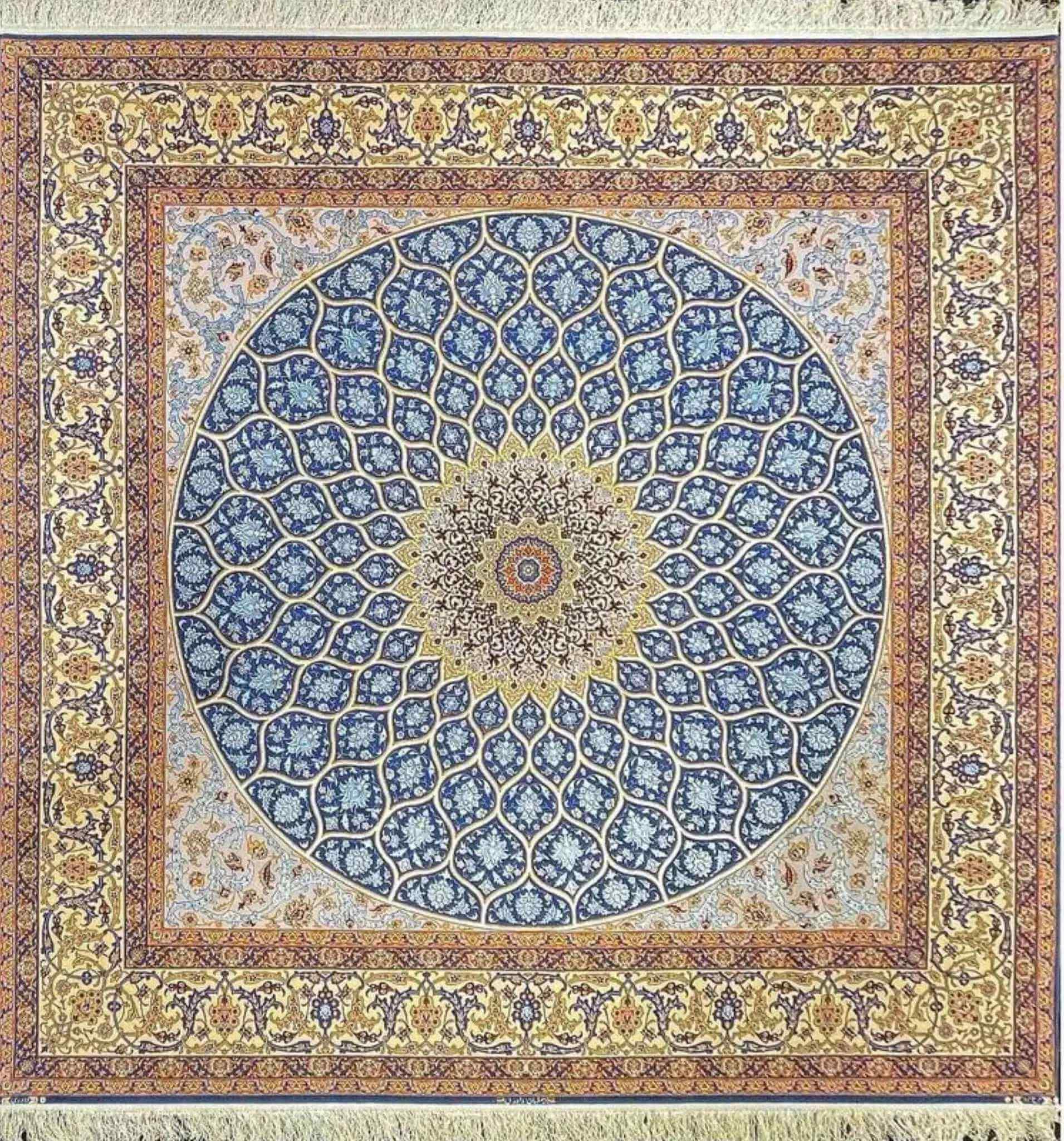 "Square silk and wool rug with intricate dome design in blue and gold from Isfahan."